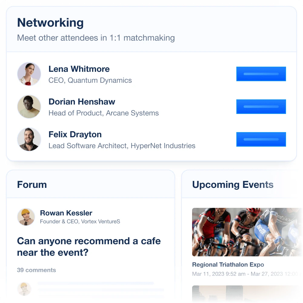 ConferenceTap attendee screens showing networking, the community forum, and the event home