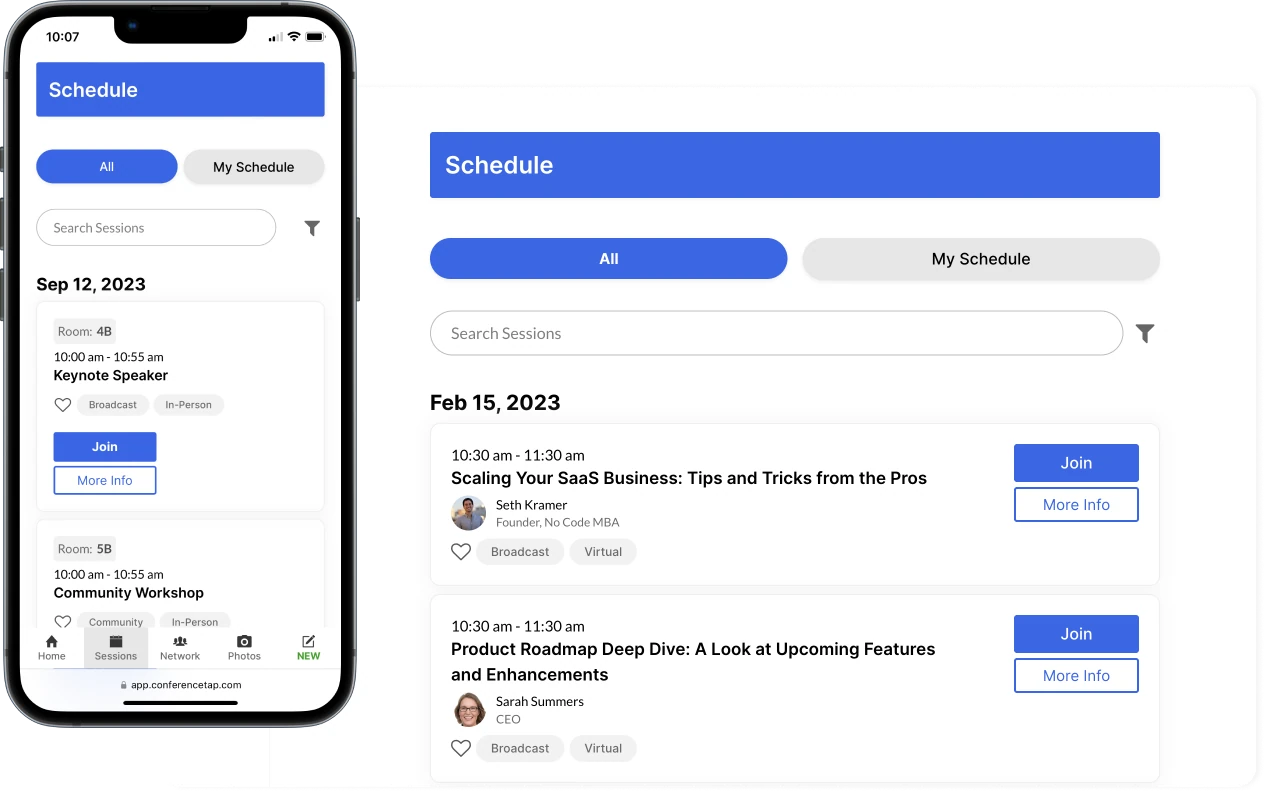 A ConferenceTap event agenda shown on a phone and a laptop