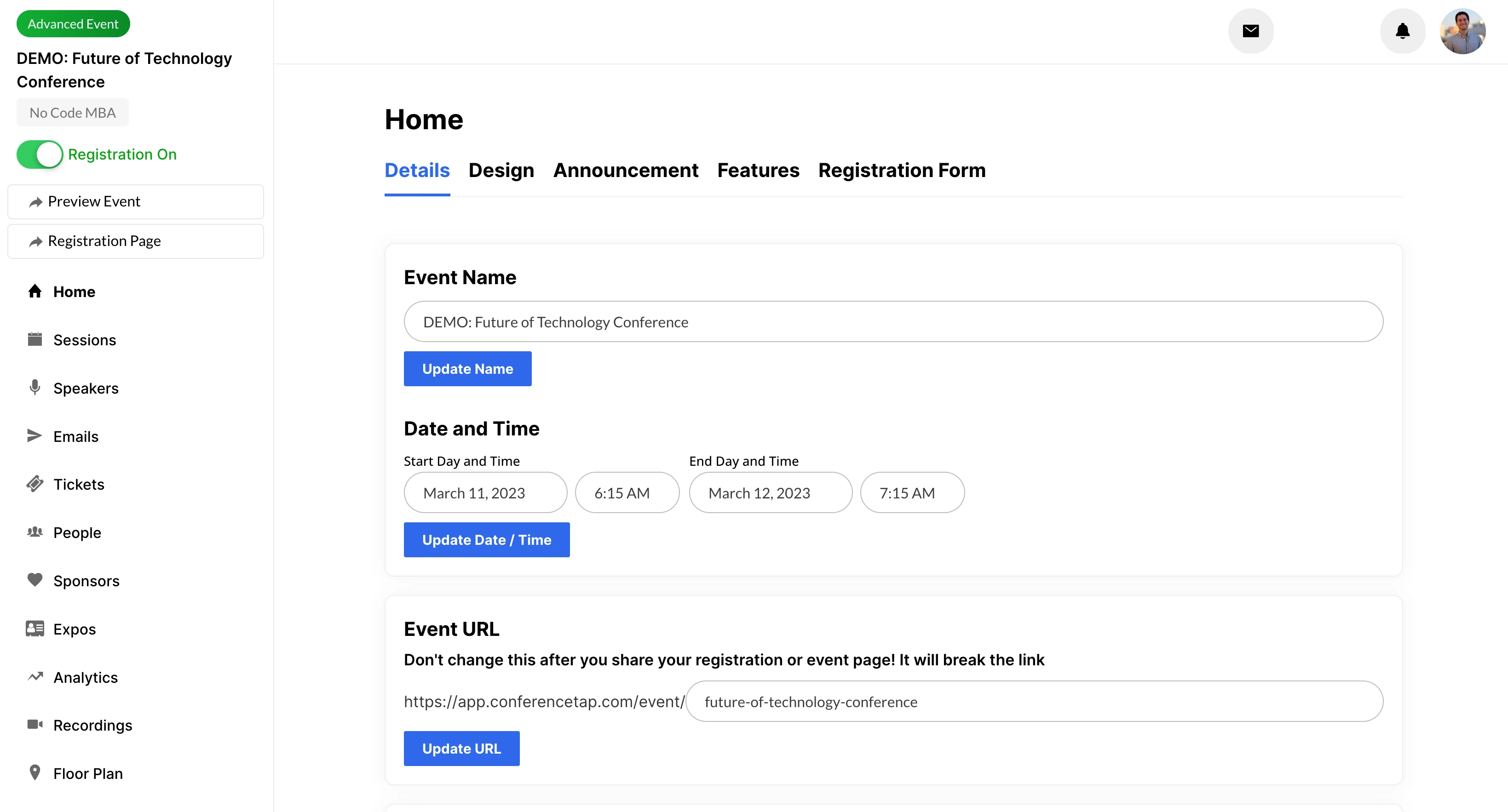 The ConferenceTap organizer portal showing event setup tools