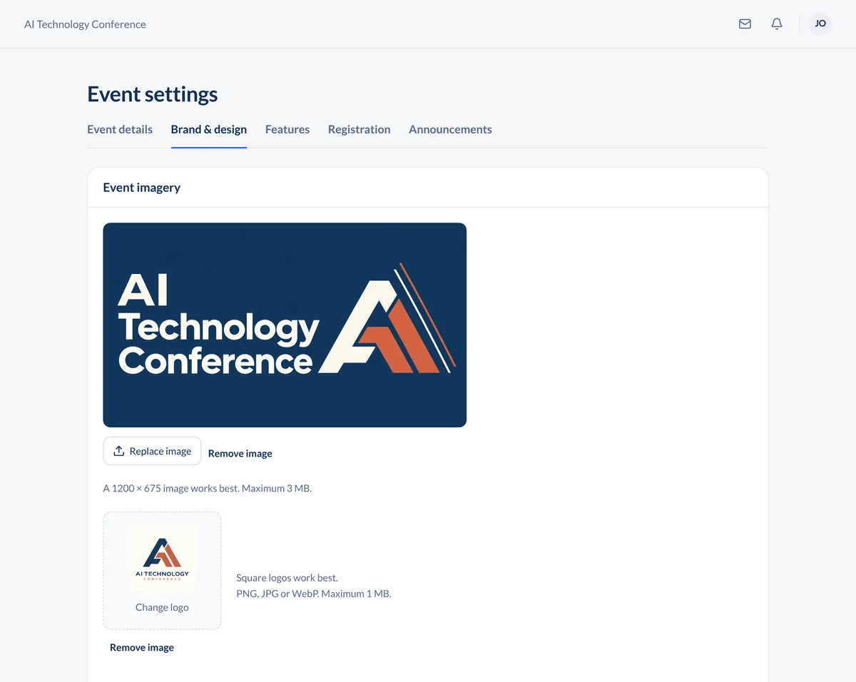 Brand and design settings in ConferenceTap with the event banner and logo uploads