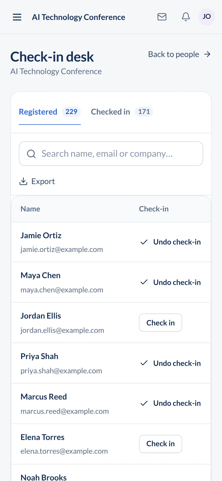 Check-in desk on a phone with registered and checked-in counts