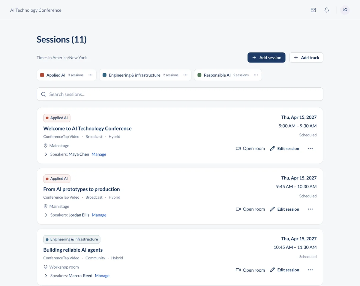 Organizer session list in ConferenceTap with tracks, rooms, speakers, and add session and add track buttons