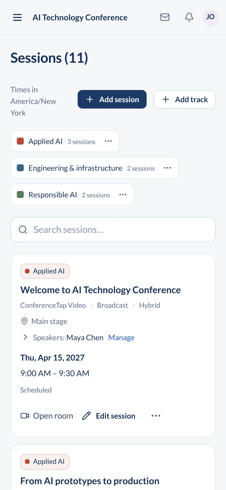 Organizer session list on a phone