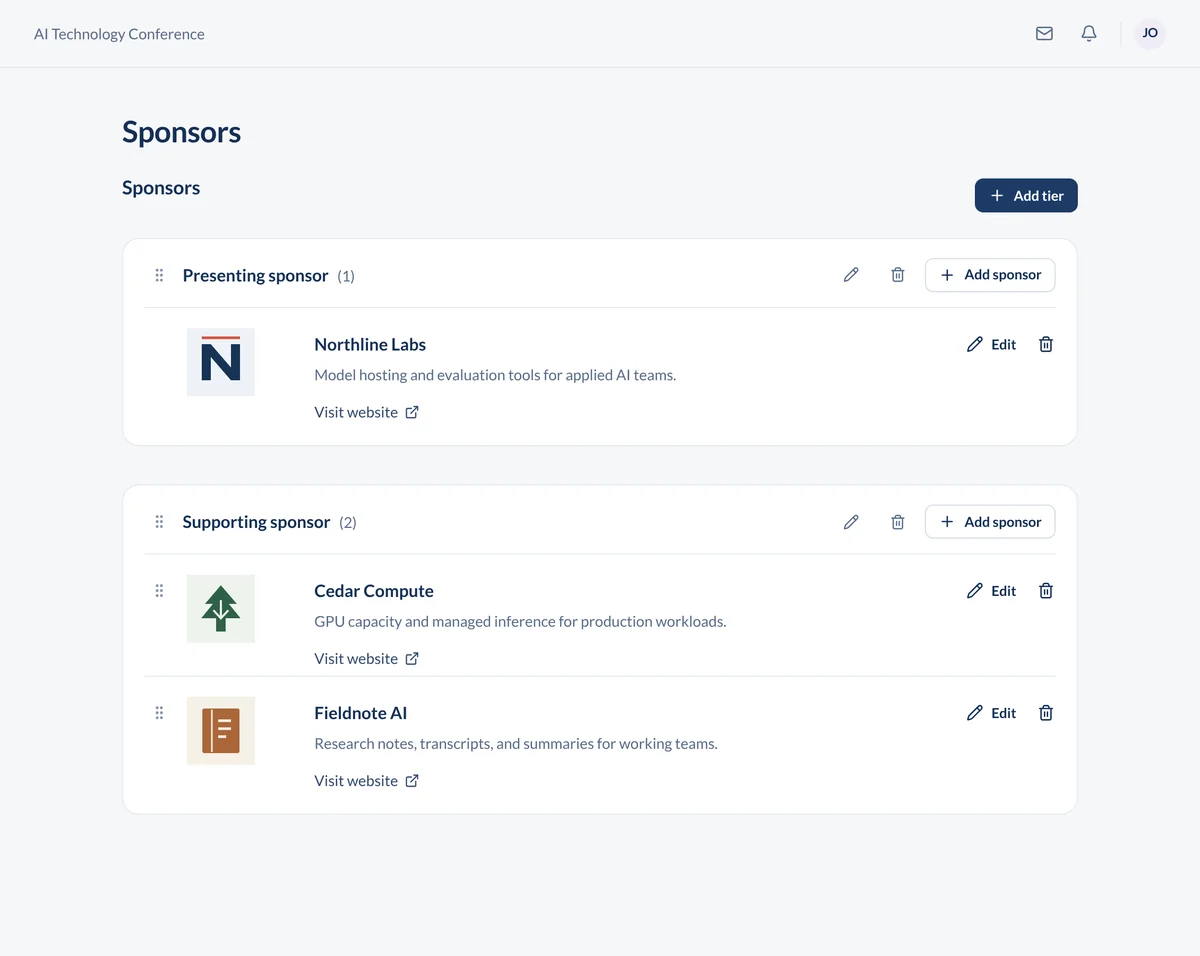 Organizer sponsor management in ConferenceTap with sponsor tiers, logos, and edit controls