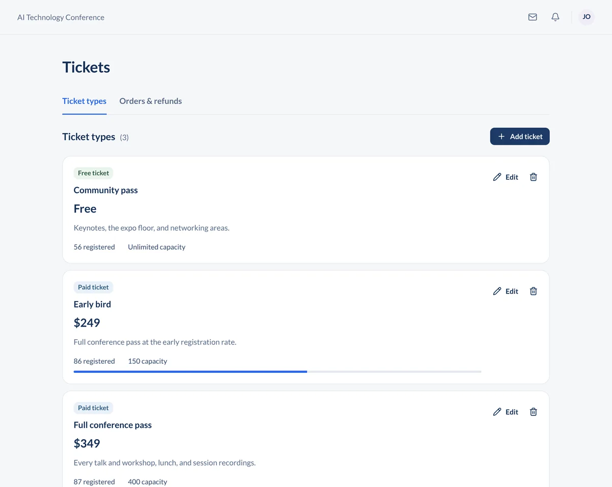 Organizer ticket types in ConferenceTap with a free pass and paid early-bird and full passes