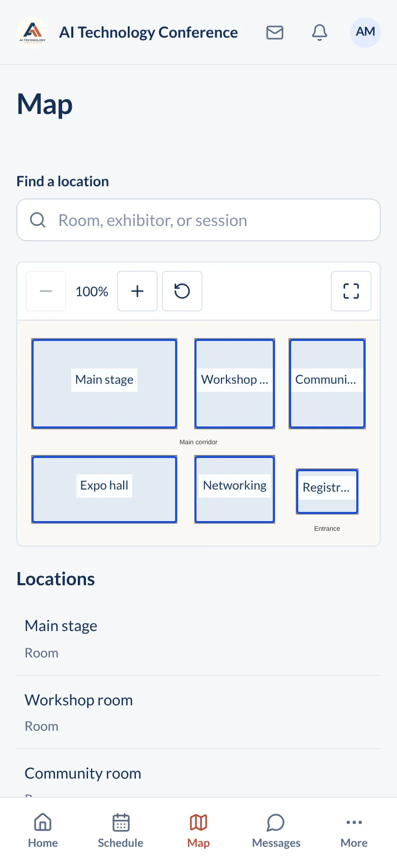 Venue map on a phone with rooms, a location search, and a list of locations