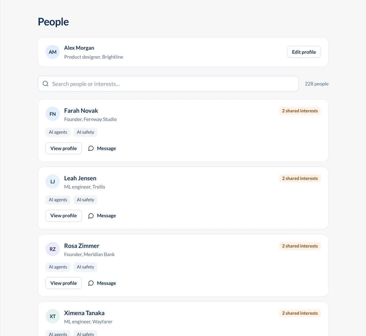 Attendee directory in ConferenceTap with profiles, shared interests, and message buttons