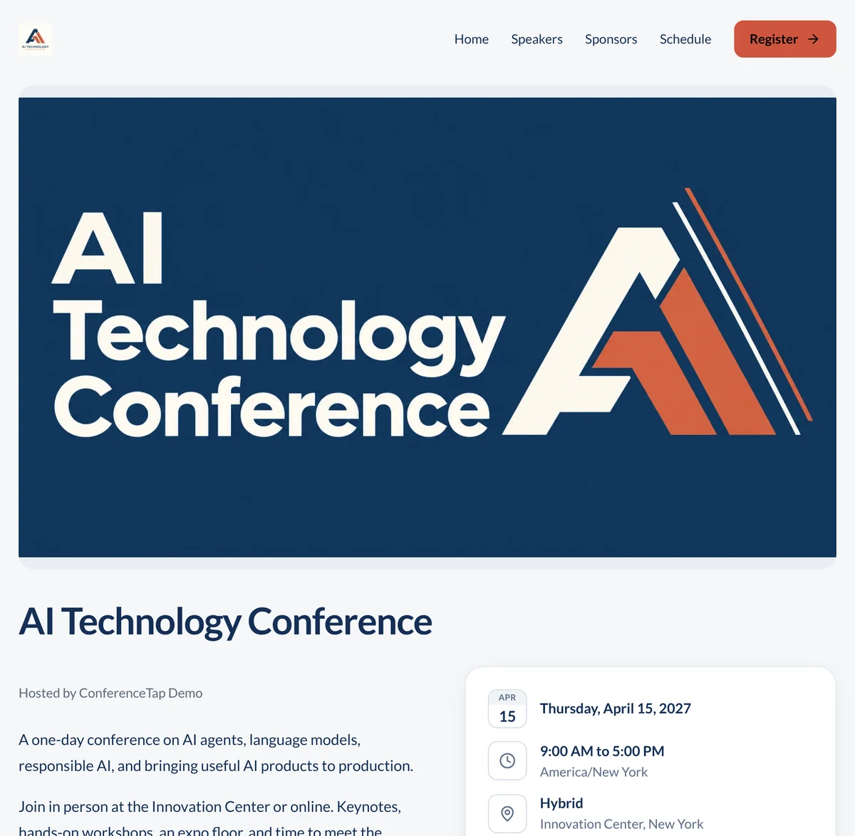 Public ConferenceTap registration page with the event banner, date, time, format, and venue