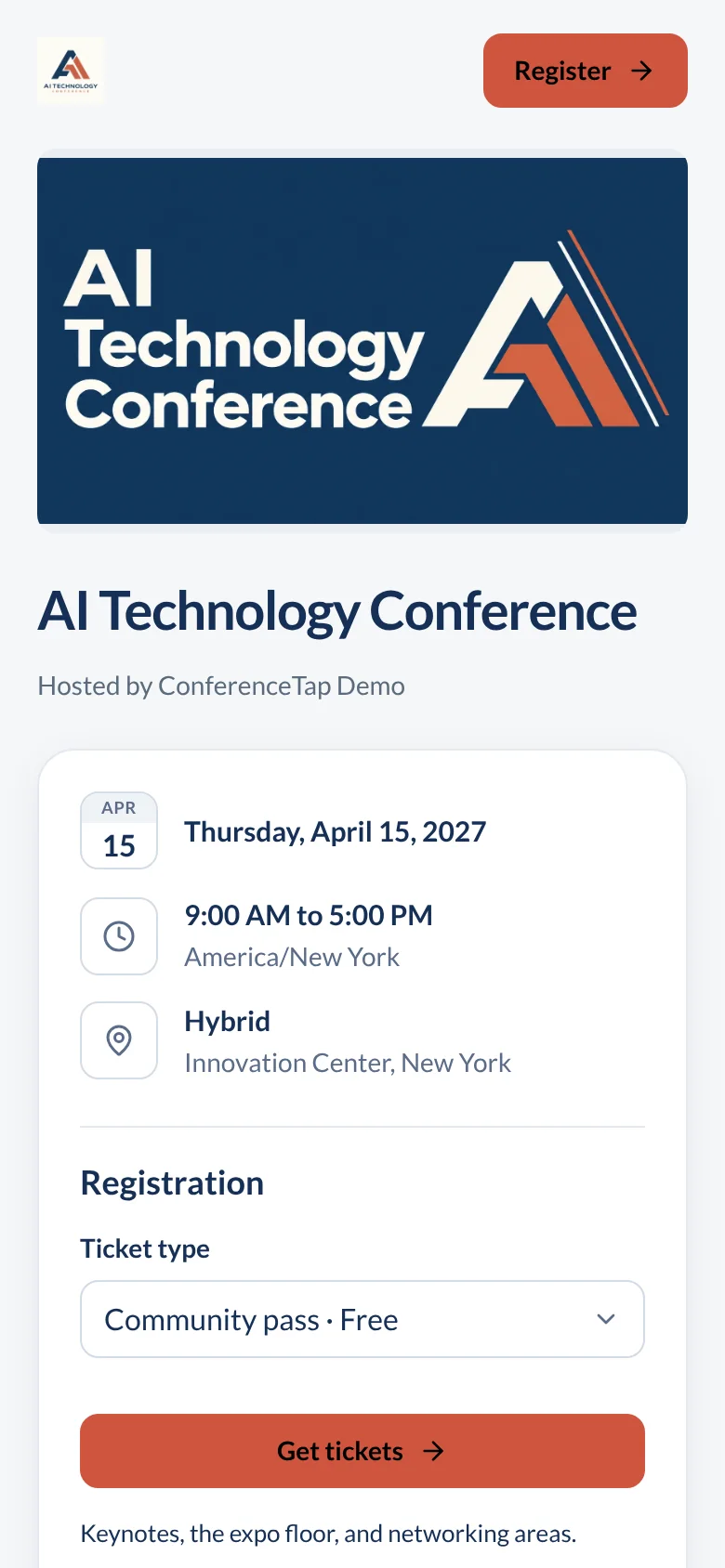Registration page on a phone with the event date, time, and venue