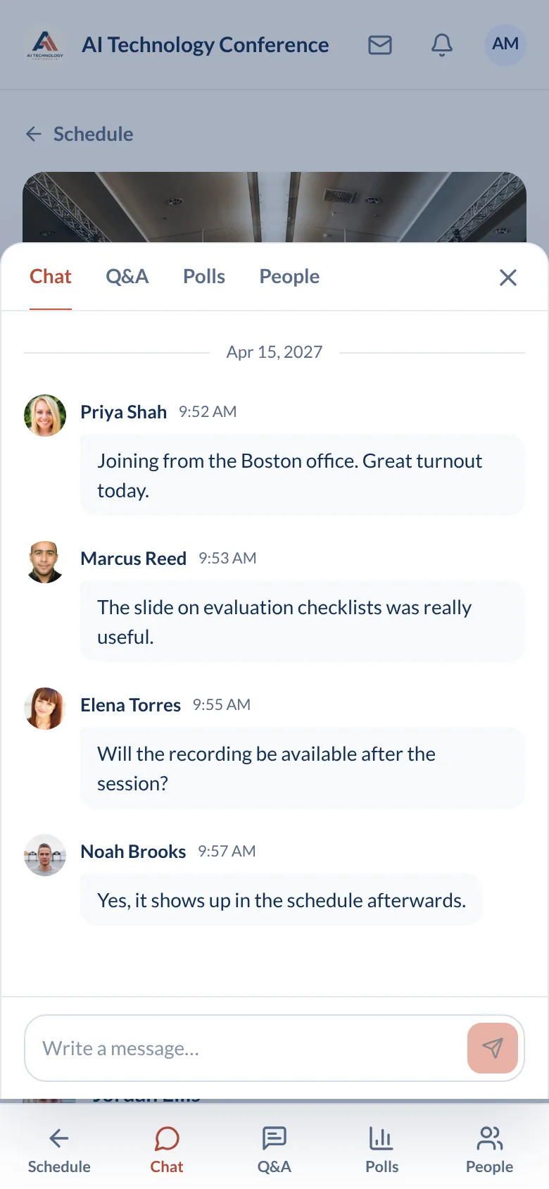 Session chat on a phone with attendee messages during a session