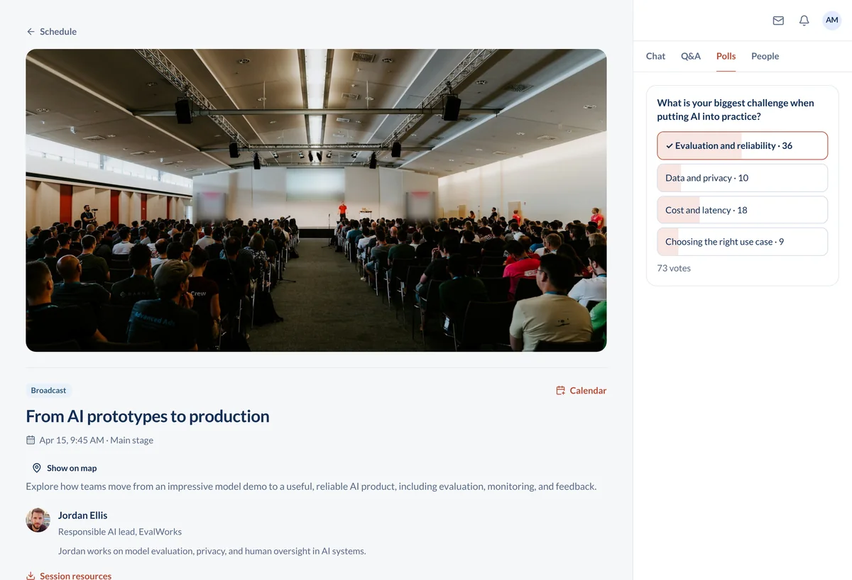 Live session in ConferenceTap with the stream and live poll results
