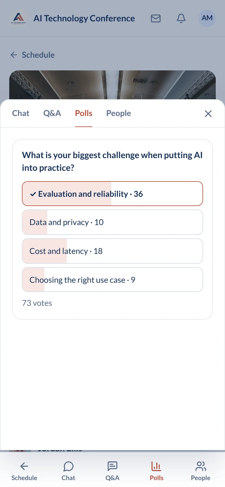 Live poll results on a phone with vote counts for each answer