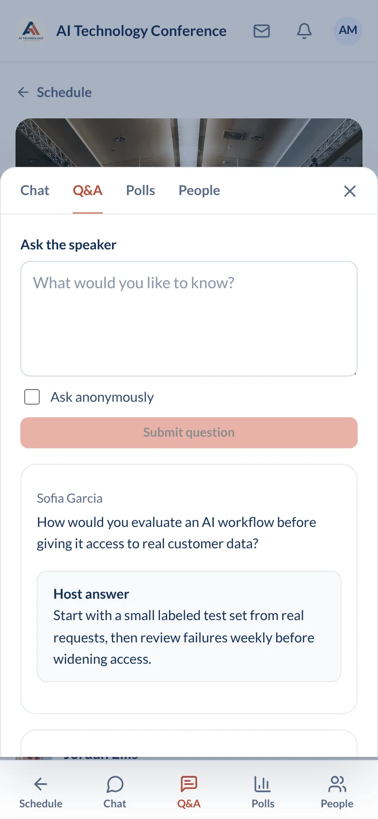 Session Q&A on a phone with a question form and a host answer